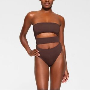 New SKIMS Recycled Swim Cut Out Strapless Monokini One Piece Cocoa 3X